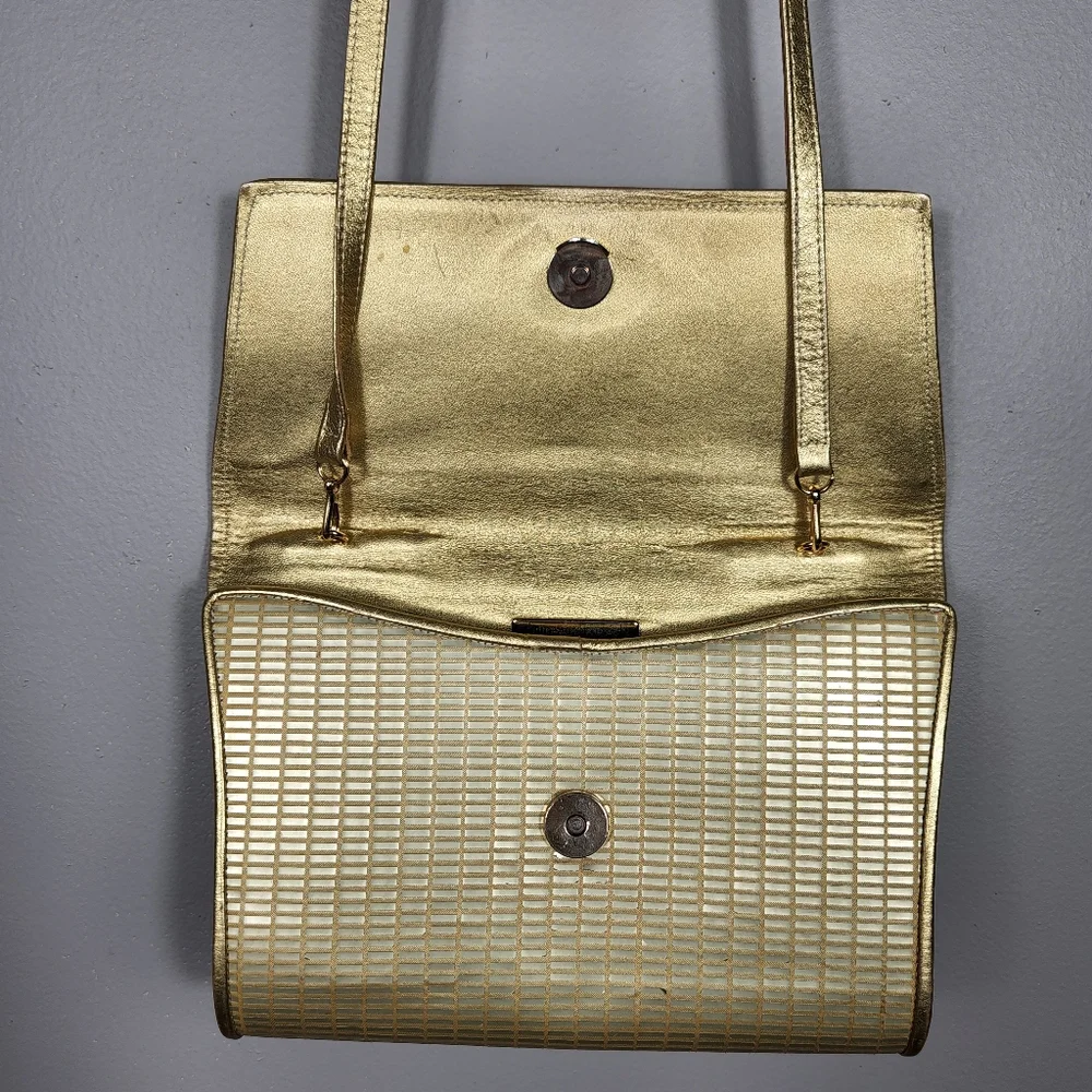 Charles Jourdan  Gold Leather Clutch Bag w/ Shoulder Strap Assymetric Flaws